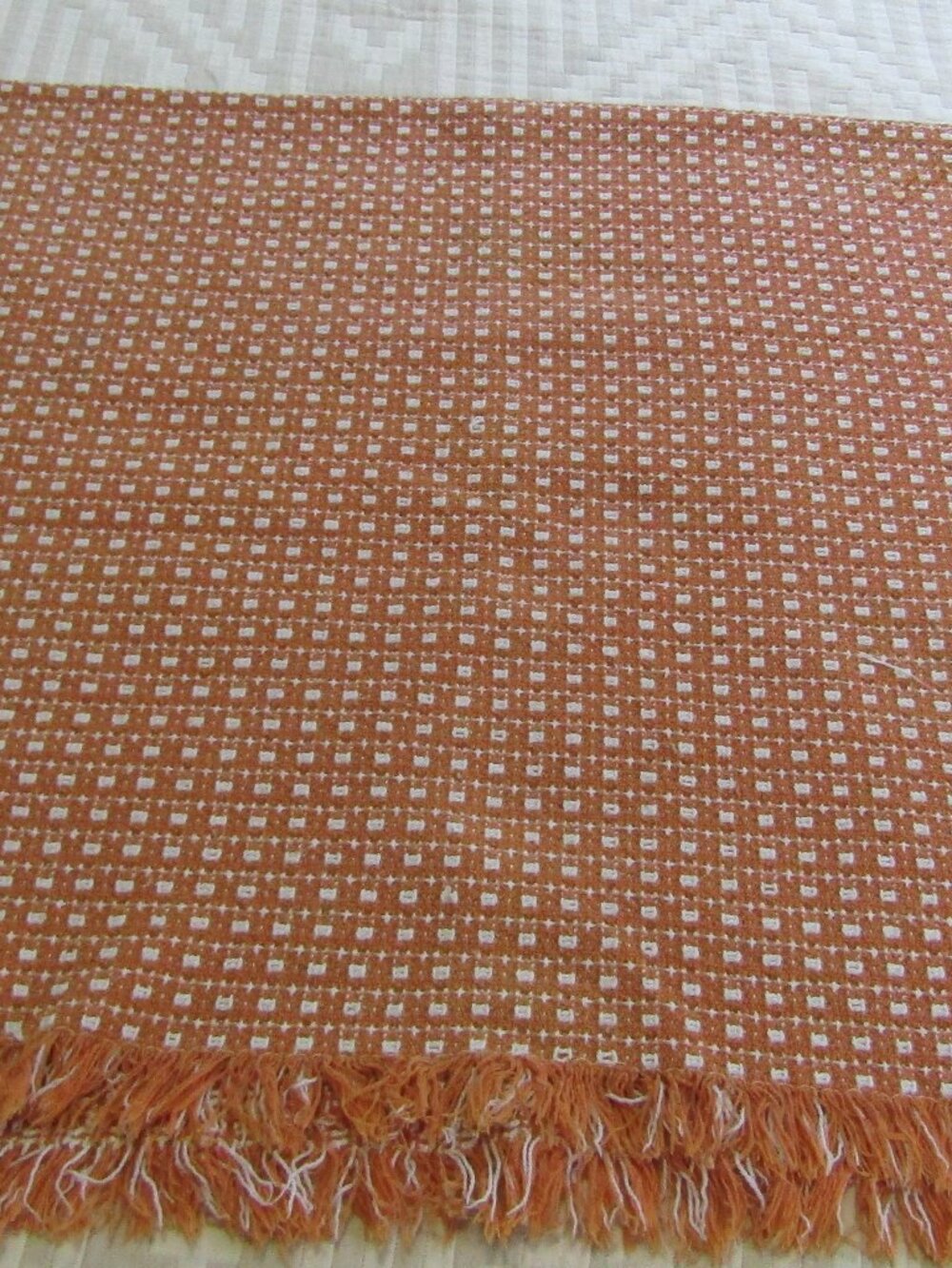 Vintage Homespun Woven Fringed Tablecloth Orange and White 44x44 inches